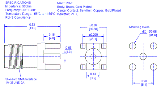 Non-magnetic SMA, Straight Jack, PCB Mount